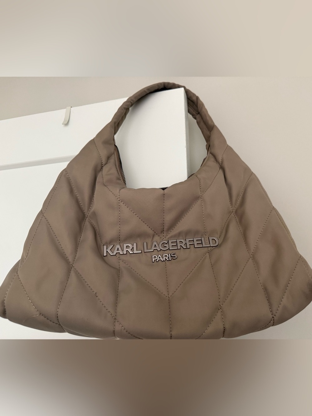 Karl Lagerfeld Paris Voyage Quilted Hobo Bag in Taupe Authentic